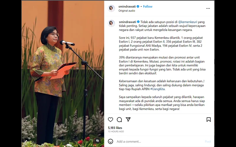 Mutasi dan Promosi Banyak Pejabat, Sri Mulyani Ingatkan Soal Ini